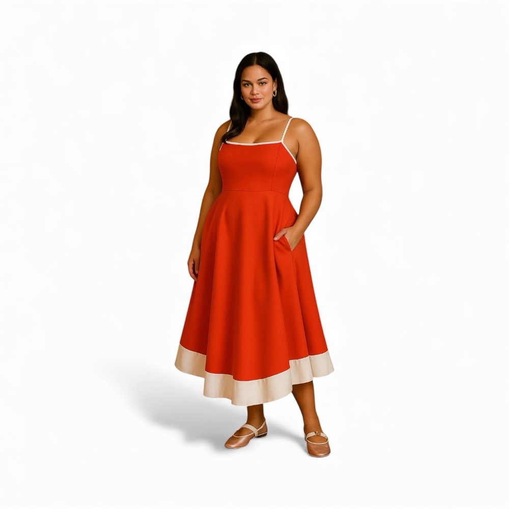 Maeve Red Midi Dress with Cream Trim